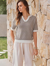 Women's 100% Cotton Polo V Neck Striped Short Sleeve Casual Pullover Sweaters Spring