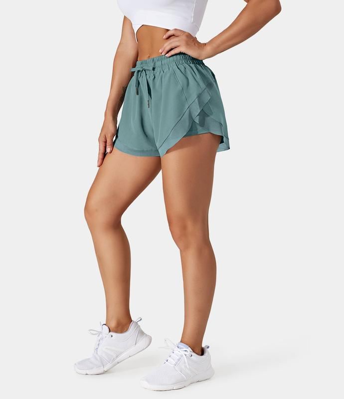 Mid Rise Drawstring Contrast Mesh 2-in-1 Flowy Dolphin Running Shorts